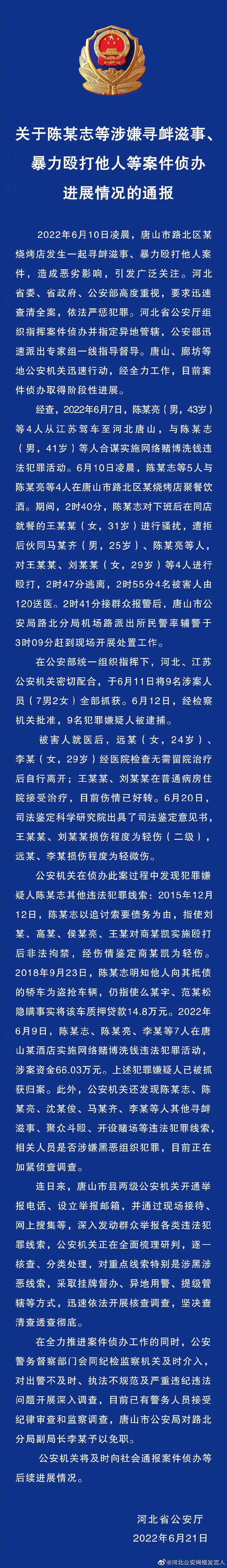 關于陳某志等涉嫌尋釁滋事、暴力毆打他人等案件偵辦進展情況的通報