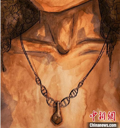 墜飾藝術(shù)再現(xiàn)圖，圖中吊墜繩為DNA螺旋樣式(圖片作者M(jìn)yrthe Lucas)?！∈┢樟指瘛ぷ匀?供圖
