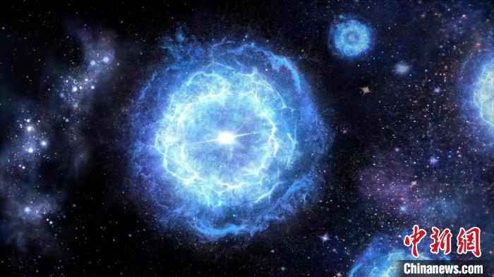 第一代超大質(zhì)量恒星演化成為“對不穩(wěn)定超新星”的藝術(shù)展示圖?！≈锌圃簢姨煳呐_ 供圖