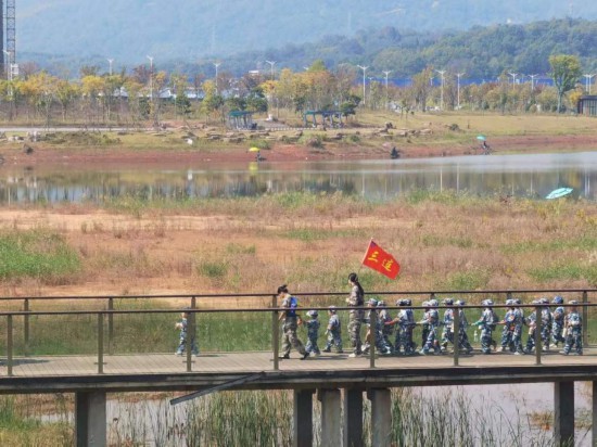 　　10月24日，秋游的幼兒園小朋友在老師帶領下走在清水塘公園里的木橋上。本報記者 常雯宜攝