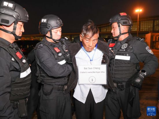 1月30日，在緬甸內(nèi)比都國際機(jī)場，緬甸警方依法向我公安機(jī)關(guān)移交緬北重大犯罪嫌疑人白所成。新華社記者 殷剛 攝