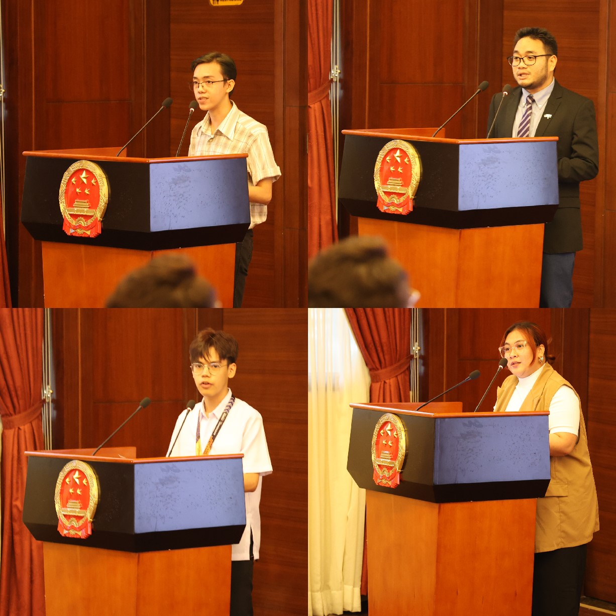 菲律賓大學(xué)、菲律賓師范大學(xué)的4位學(xué)生和校友代表現(xiàn)場發(fā)言向中方表示感謝并分享體會。駐菲律賓使館 供圖