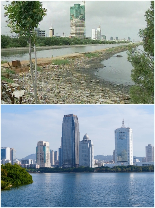 上圖：筼筜湖治理前資料圖。下圖：筼筜湖如今的美麗風(fēng)光。人民網(wǎng)記者 吳超嵐攝