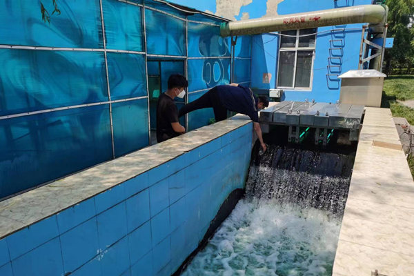 邯鄲市雞澤縣藍(lán)天污水處理廠員工正在出水口進(jìn)行水質(zhì)檢測(cè)。鄭佳欣攝