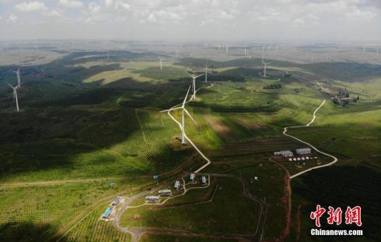 6月28日，河北張家口張北草原上大片風(fēng)力發(fā)電的“風(fēng)車”規(guī)模宏大。 中新社記者 楊艷敏 攝