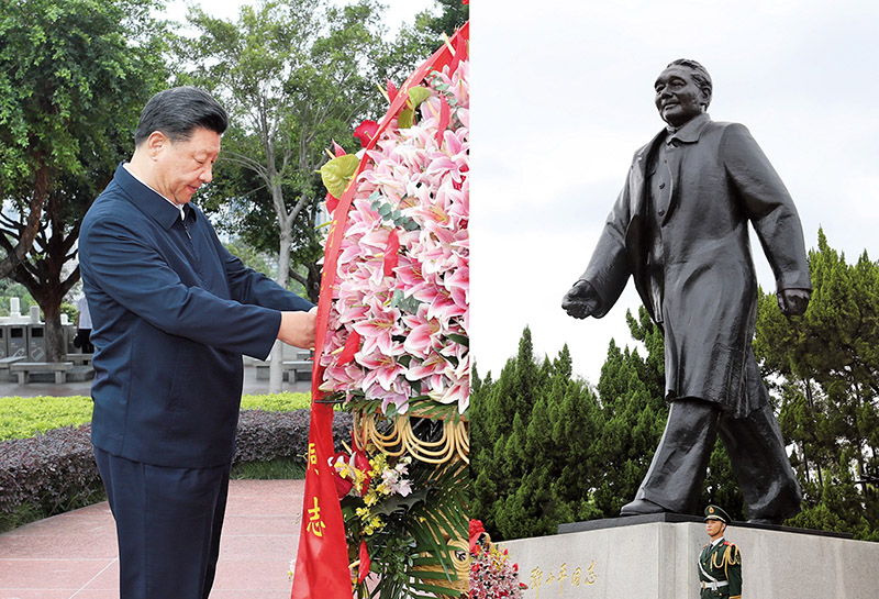2020年10月14日，習(xí)近平總書記向深圳蓮花山公園鄧小平同志銅像敬獻(xiàn)花籃。