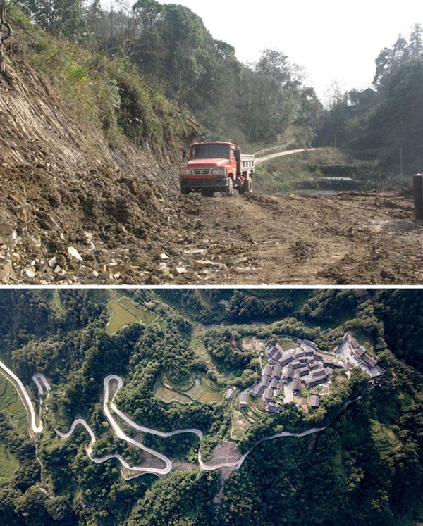 拼版照片：上圖為2011年12月拍攝的湖南省湘西土家族苗族自治州花垣縣十八洞村進(jìn)村道路；下圖為2019年9月拍攝的十八洞村及進(jìn)村道路。