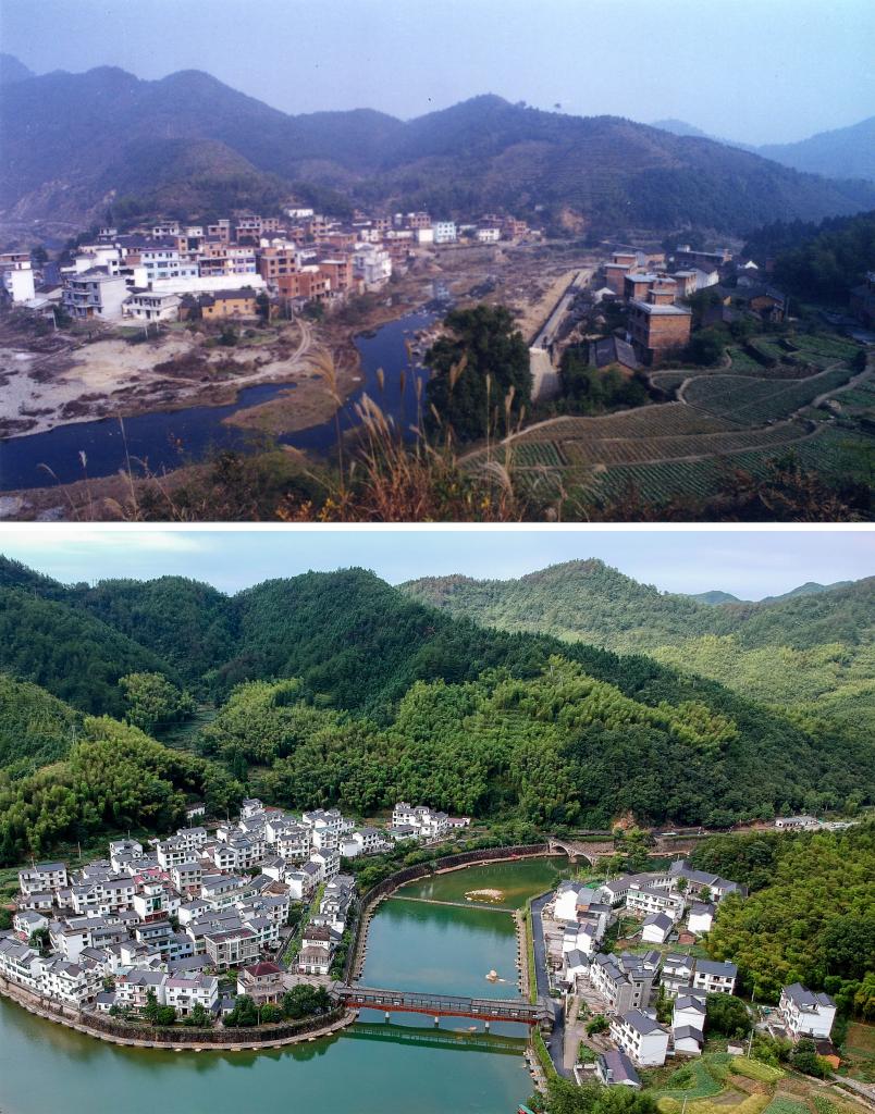 圖為浙江省杭州市淳安縣楓樹(shù)嶺鎮(zhèn)下姜村拼版圖，其中上圖為資料照片、下圖由新華社記者張鋮攝。
