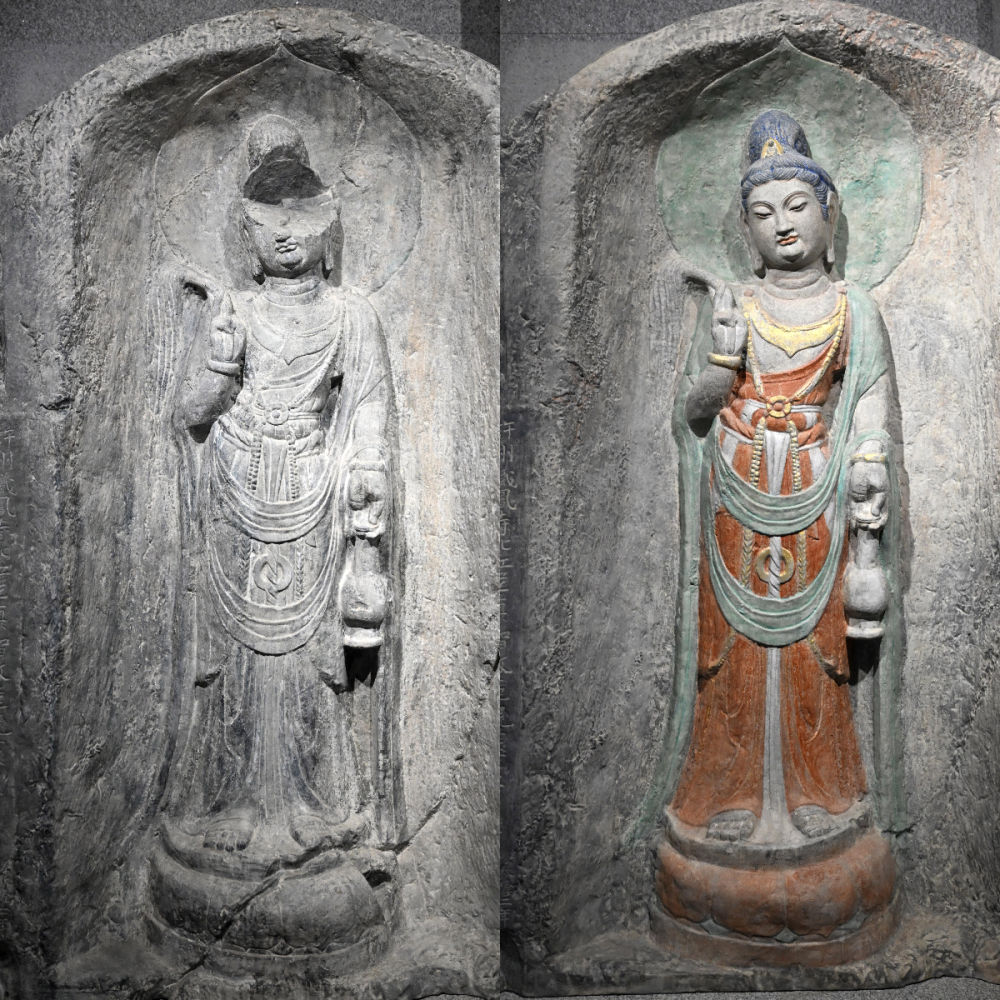 左圖為龍門石窟萬佛洞窟前南壁菩薩造像的3D打印模型；右圖為利用數(shù)字化技術(shù)復(fù)原后的3D打印模型（2025年4月10日攝，拼版照片）。復(fù)原后的像龕精妙絕倫，栩栩如生，被游客譽(yù)為“龍門最美菩薩”。圖片來源新華社