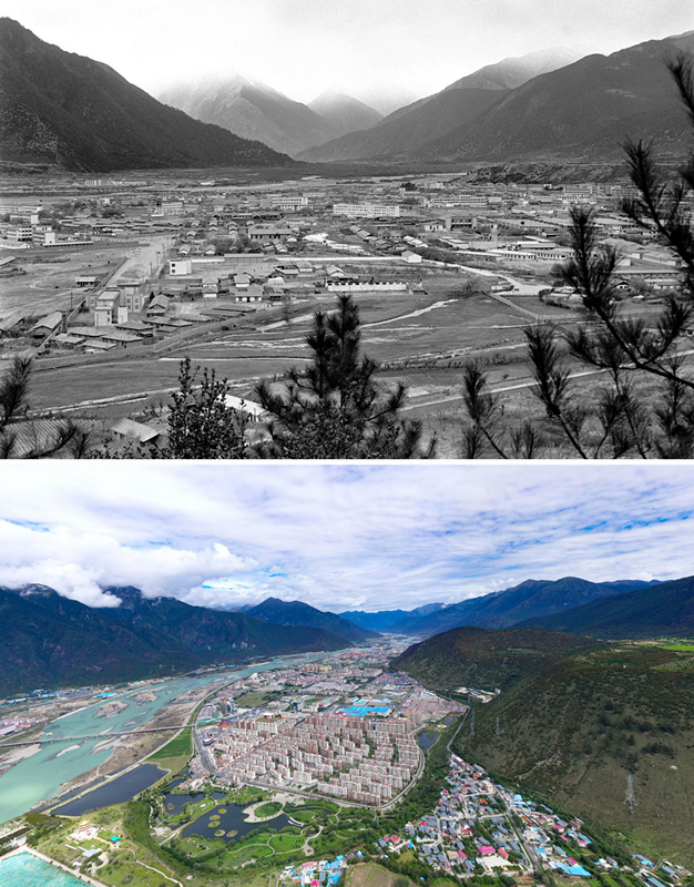 拼版照片：上圖是20世紀(jì)90年代的西藏林芝八一鎮(zhèn)；下圖是2021年7月20日拍攝的西藏林芝八一鎮(zhèn)風(fēng)貌。