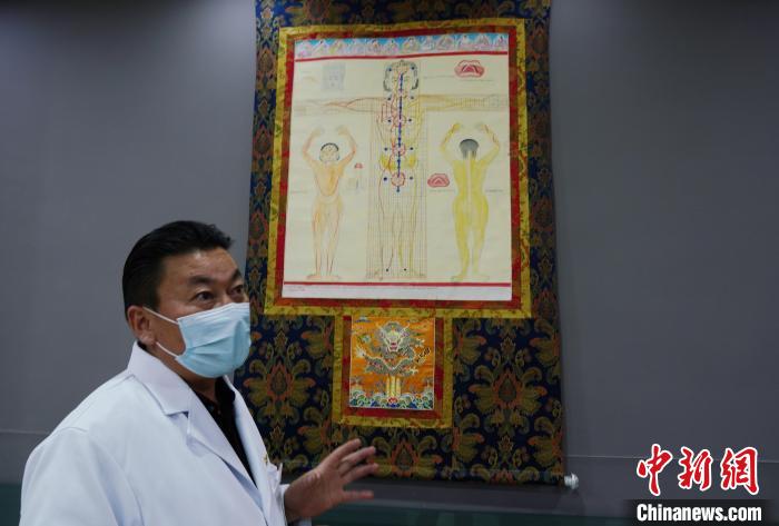 圖為興?？h藏醫(yī)院院長介紹藏醫(yī)四部醫(yī)典詳實圖?！●R銘言 攝