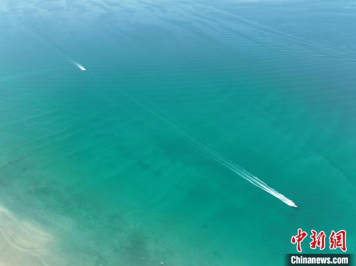 圖為航拍仲夏時節(jié)，青海湖湖水碧波蕩漾?！∑钤鲚?攝