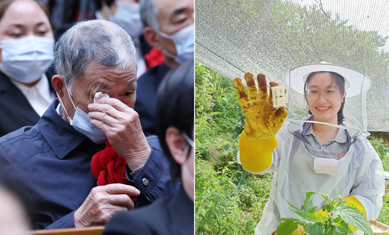 左圖為2021年2月25日，黃文秀的父親黃忠杰在全國脫貧攻堅(jiān)表彰大會(huì)上；右圖為黃文秀生前工作照。