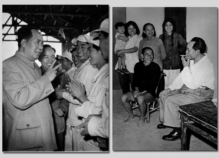 左圖：1959年，毛主席在安徽視察工廠時，同煉鋼工人親切談話。右圖：1959年，毛主席在湖南視察韶山，同貧農(nóng)社員親切談話。